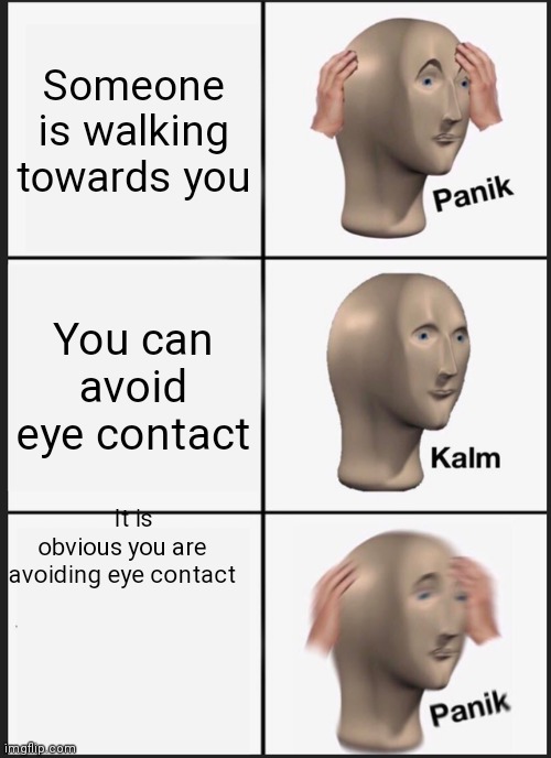 Eye contact | Someone is walking towards you; You can avoid eye contact; It is obvious you are avoiding eye contact | image tagged in memes,panik kalm panik | made w/ Imgflip meme maker
