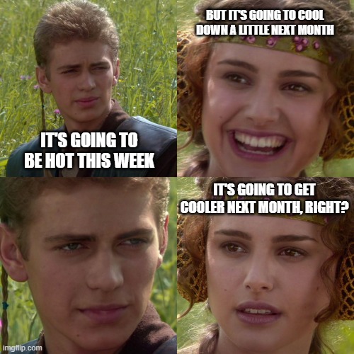 It's Gonna Get Cooler, Right? | BUT IT'S GOING TO COOL DOWN A LITTLE NEXT MONTH; IT'S GOING TO BE HOT THIS WEEK; IT'S GOING TO GET COOLER NEXT MONTH, RIGHT? | image tagged in anakin padme 4 panel | made w/ Imgflip meme maker