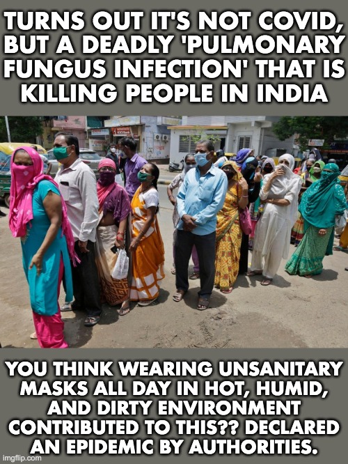 Pulmonary Fungus Infection - India declares an epidemic | TURNS OUT IT'S NOT COVID,
BUT A DEADLY 'PULMONARY
FUNGUS INFECTION' THAT IS
KILLING PEOPLE IN INDIA; YOU THINK WEARING UNSANITARY
MASKS ALL DAY IN HOT, HUMID,
AND DIRTY ENVIRONMENT
CONTRIBUTED TO THIS?? DECLARED
AN EPIDEMIC BY AUTHORITIES. | image tagged in covid19,masks,india | made w/ Imgflip meme maker