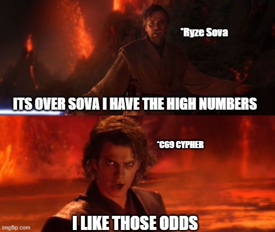its over | *Ryze Sova; ITS OVER SOVA I HAVE THE HIGH NUMBERS; *C69 CYPHER; I LIKE THOSE ODDS | image tagged in it's over anakin i have the high ground | made w/ Imgflip meme maker