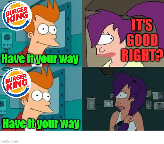 Futurama Anikan Padme | IT'S GOOD RIGHT? Have it your way; Have it your way | image tagged in futurama anikan padme | made w/ Imgflip meme maker
