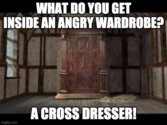 Narnia Wardrobe | WHAT DO YOU GET INSIDE AN ANGRY WARDROBE? A CROSS DRESSER! | image tagged in narnia wardrobe | made w/ Imgflip meme maker