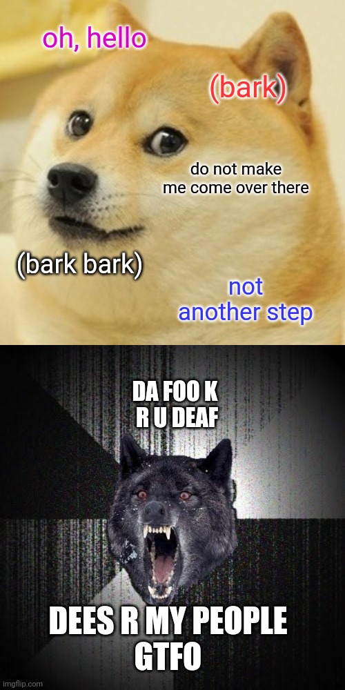 oh, hello; (bark); do not make me come over there; (bark bark); not another step; DA FOO K 
R U DEAF; DEES R MY PEOPLE
GTFO | image tagged in memes,doge,insanity wolf | made w/ Imgflip meme maker