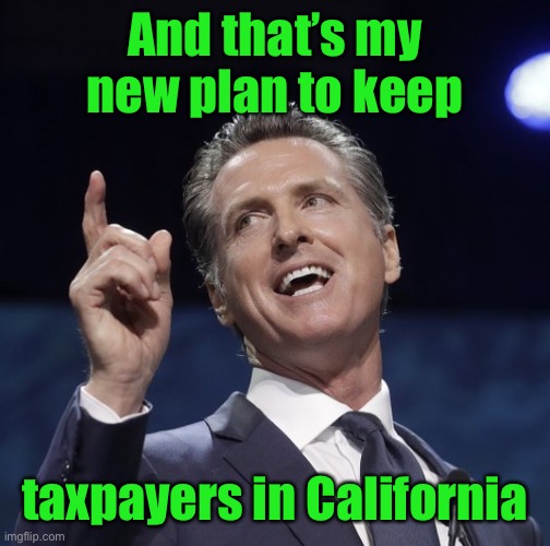 Gavin newsom | And that’s my new plan to keep taxpayers in California | image tagged in gavin newsom | made w/ Imgflip meme maker