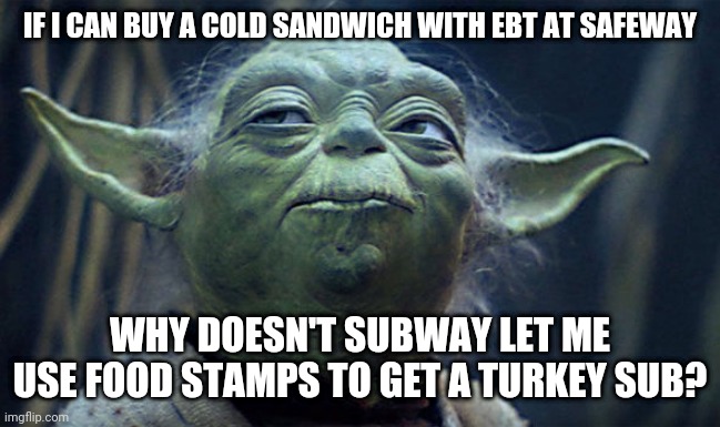 Thoughtful stupid yoda | IF I CAN BUY A COLD SANDWICH WITH EBT AT SAFEWAY; WHY DOESN'T SUBWAY LET ME USE FOOD STAMPS TO GET A TURKEY SUB? | image tagged in thoughtful stupid yoda | made w/ Imgflip meme maker