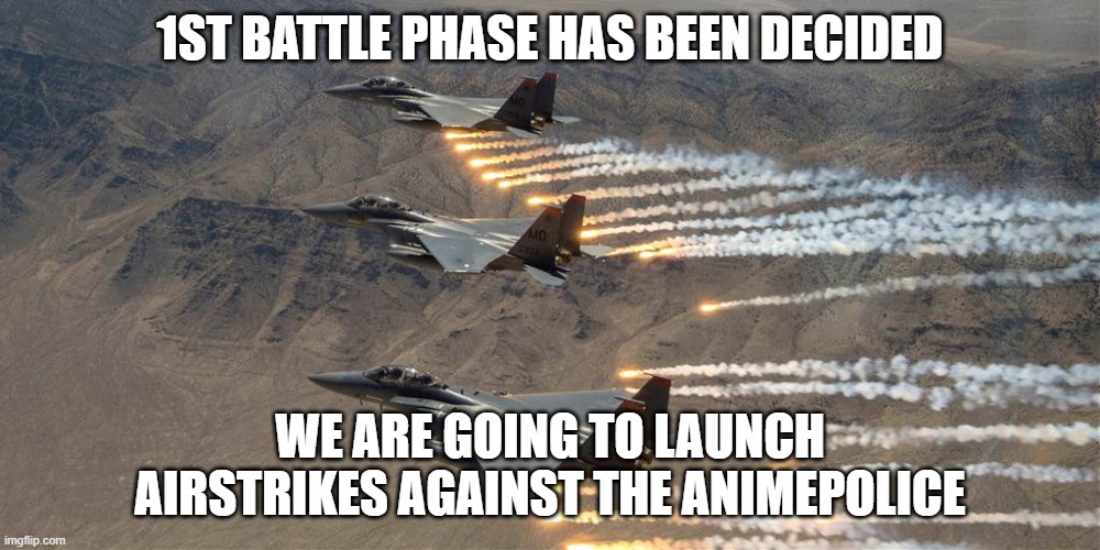 Airstrikes | 1ST BATTLE PHASE HAS BEEN DECIDED; WE ARE GOING TO LAUNCH AIRSTRIKES AGAINST THE ANIMEPOLICE | image tagged in airstrikes | made w/ Imgflip meme maker