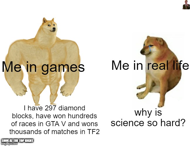 Its true tho | Me in real life; Me in games; I have 297 diamond blocks, have won hundreds of races in GTA V and wons thousands of matches in TF2; why is science so hard? LOOK AT THE TOP RIGHT | image tagged in memes,buff doge vs cheems | made w/ Imgflip meme maker