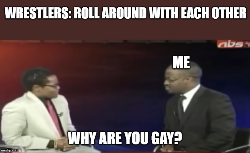 wrestlers get annoyed by this | WRESTLERS: ROLL AROUND WITH EACH OTHER; ME; WHY ARE YOU GAY? | image tagged in why are you gay | made w/ Imgflip meme maker