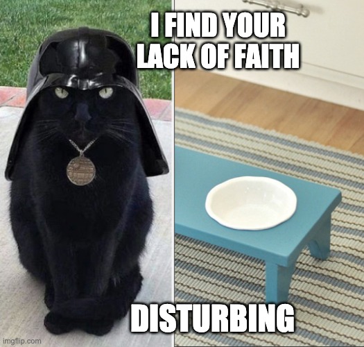 *heavy cat breathing* | I FIND YOUR LACK OF FAITH; DISTURBING | image tagged in darth cat,food,cats | made w/ Imgflip meme maker