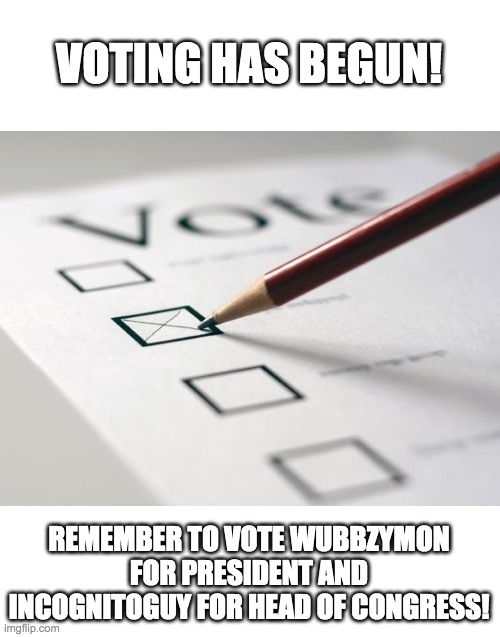 Go RUP! I'd be ok with BeHapp winning too and hope to work with him no matter the result. | VOTING HAS BEGUN! REMEMBER TO VOTE WUBBZYMON FOR PRESIDENT AND INCOGNITOGUY FOR HEAD OF CONGRESS! | image tagged in memes,politics,election,vote,voting | made w/ Imgflip meme maker
