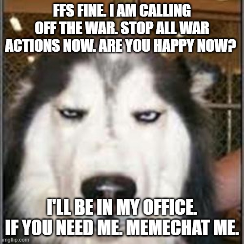 THIS IS NOT A SURRENDER. | FFS FINE. I AM CALLING OFF THE WAR. STOP ALL WAR ACTIONS NOW. ARE YOU HAPPY NOW? I'LL BE IN MY OFFICE. IF YOU NEED ME. MEMECHAT ME. | image tagged in original pissed off husky | made w/ Imgflip meme maker