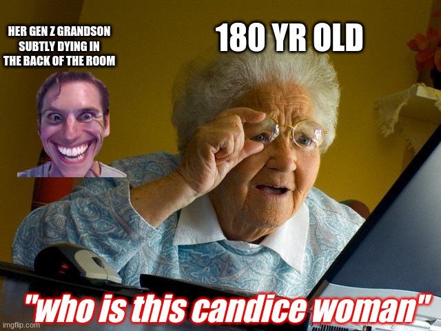 Grandma Finds The Internet Meme | 180 YR OLD; HER GEN Z GRANDSON SUBTLY DYING IN THE BACK OF THE ROOM; "who is this candice woman" | image tagged in memes,grandma finds the internet | made w/ Imgflip meme maker