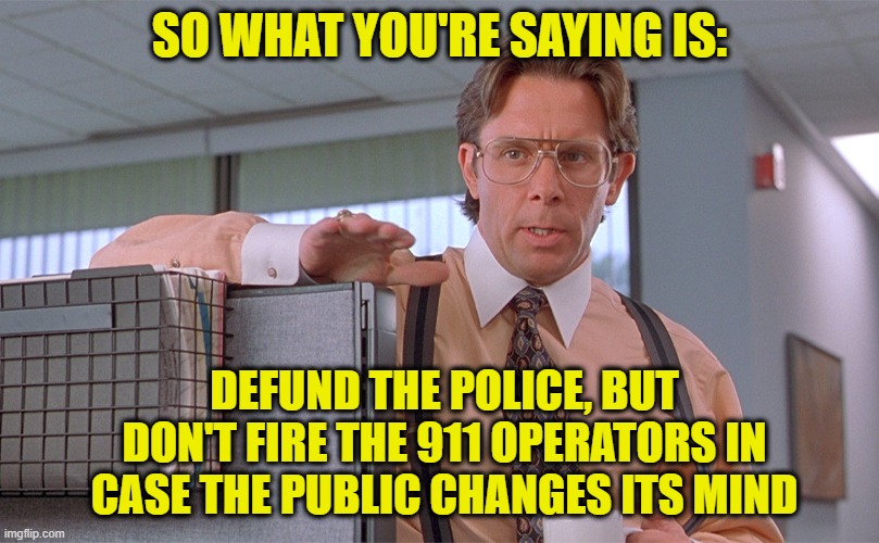 Backup Plan | SO WHAT YOU'RE SAYING IS:; DEFUND THE POLICE, BUT DON'T FIRE THE 911 OPERATORS IN CASE THE PUBLIC CHANGES ITS MIND | image tagged in defund the police,alexandria ocasio-cortez,blm | made w/ Imgflip meme maker