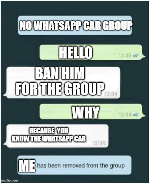 whatsapp | NO WHATSAPP CAR GROUP; HELLO; BAN HIM FOR THE GROUP; WHY; BECAUSE  YOU KNOW THE WHATSAPP CAR; ME | image tagged in whatsapp | made w/ Imgflip meme maker
