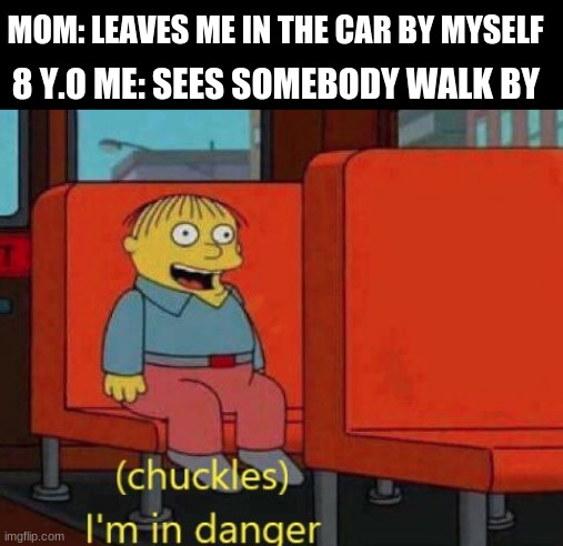 Are the doors all locked??!!?? | MOM: LEAVES ME IN THE CAR BY MYSELF; 8 Y.O ME: SEES SOMEBODY WALK BY | image tagged in i am in danger | made w/ Imgflip meme maker