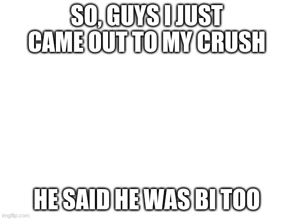 :) | SO, GUYS I JUST CAME OUT TO MY CRUSH; HE SAID HE WAS BI TOO | image tagged in blank white template | made w/ Imgflip meme maker