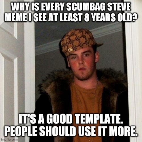 :( | WHY IS EVERY SCUMBAG STEVE MEME I SEE AT LEAST 8 YEARS OLD? IT'S A GOOD TEMPLATE. PEOPLE SHOULD USE IT MORE. | image tagged in memes,scumbag steve,old meme,sad | made w/ Imgflip meme maker