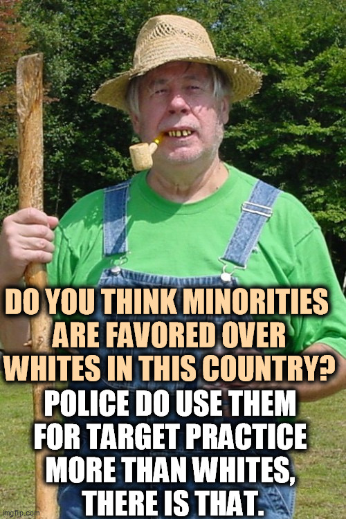 If minorities are favored over whites, how do you account for the Senate Republican caucus? | DO YOU THINK MINORITIES 
ARE FAVORED OVER WHITES IN THIS COUNTRY? POLICE DO USE THEM 
FOR TARGET PRACTICE 
MORE THAN WHITES, 
THERE IS THAT. | image tagged in redneck farmer,white,rage,racist,minority | made w/ Imgflip meme maker