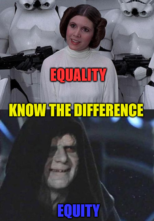 Equality vs Equity | EQUALITY; KNOW THE DIFFERENCE; EQUITY | image tagged in princess leia,emperor palpatine | made w/ Imgflip meme maker