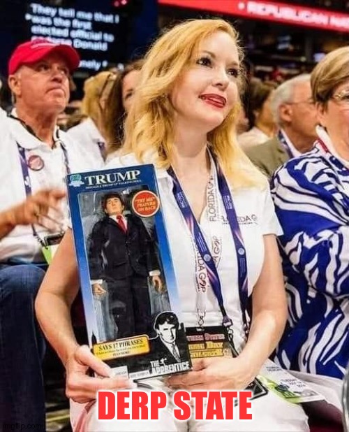 Trump supporter with doll | DERP STATE | image tagged in trump supporter with doll | made w/ Imgflip meme maker
