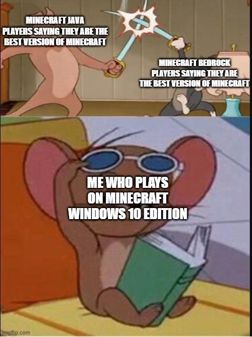 Anyone playing minecraft in windows 10 edition? | MINECRAFT JAVA PLAYERS SAYING THEY ARE THE BEST VERSION OF MINECRAFT; MINECRAFT BEDROCK PLAYERS SAYING THEY ARE THE BEST VERSION OF MINECRAFT; ME WHO PLAYS ON MINECRAFT WINDOWS 10 EDITION | image tagged in tom and spike fighting | made w/ Imgflip meme maker