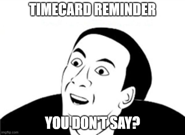 Timecard Reminder - Cage | TIMECARD REMINDER; YOU DON'T SAY? | image tagged in nicholas cage | made w/ Imgflip meme maker