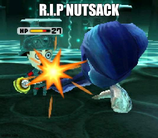 Oof | R.I.P NUTSACK | image tagged in ouch,barney will eat all of your delectable biscuits | made w/ Imgflip meme maker