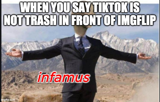 Stonks famus | WHEN YOU SAY TIKTOK IS NOT TRASH IN FRONT OF IMGFLIP; infamus | image tagged in stonks famus,famous,infamous,infamus,stonks,stocks | made w/ Imgflip meme maker