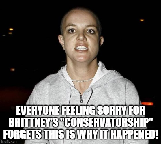 If You Go Nuts... | EVERYONE FEELING SORRY FOR BRITTNEY'S "CONSERVATORSHIP" FORGETS THIS IS WHY IT HAPPENED! | image tagged in crazy bald britney spears | made w/ Imgflip meme maker