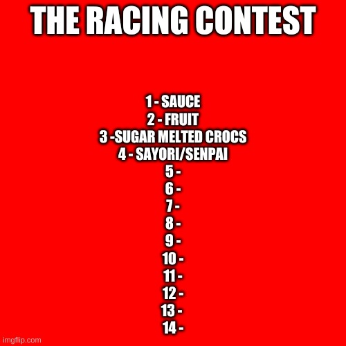 Blank Transparent Square | THE RACING CONTEST; 1 - SAUCE
2 - FRUIT
3 -SUGAR MELTED CROCS
4 - SAYORI/SENPAI
5 -
6 -
7 -
8 -
9 -
10 -
11 -
12 -
13 - 
14 - | made w/ Imgflip meme maker