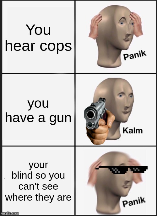 every blind person be like |  You hear cops; you have a gun; your blind so you can't see where they are | image tagged in memes,panik kalm panik | made w/ Imgflip meme maker