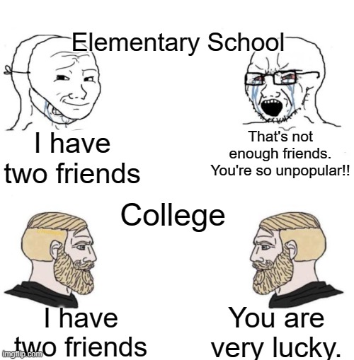 Chad we know | Elementary School; I have two friends; That's not enough friends. You're so unpopular!! College; You are very lucky. I have two friends | image tagged in chad we know | made w/ Imgflip meme maker