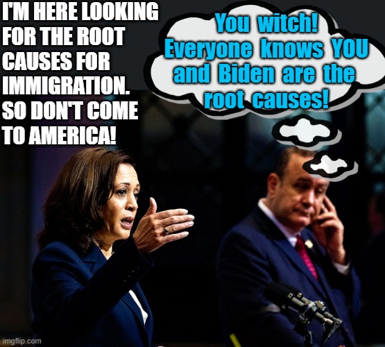 kamala in Guatemala | I'M HERE LOOKING
FOR THE ROOT 
CAUSES FOR
IMMIGRATION.
SO DON'T COME
TO AMERICA! You  witch!
Everyone  knows  YOU
and  Biden  are  the 
root  causes! | image tagged in kamala in guatemala,political meme,kamala harris,joe biden,america,illegal immigration | made w/ Imgflip meme maker