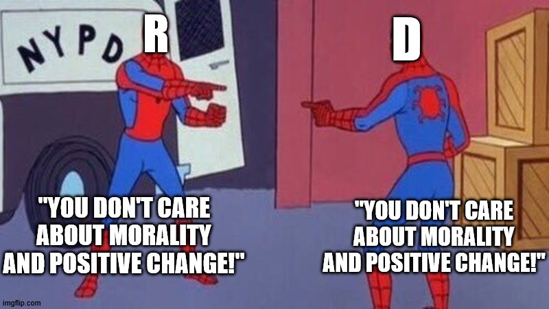 spiderman pointing at spiderman | R D "YOU DON'T CARE ABOUT MORALITY AND POSITIVE CHANGE!" "YOU DON'T CARE ABOUT MORALITY AND POSITIVE CHANGE!" | image tagged in spiderman pointing at spiderman | made w/ Imgflip meme maker