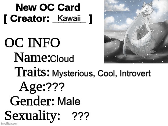 Cloud is Kawaii's canon partner (in my world) | Kawaii; Cloud; Mysterious, Cool, Introvert; ??? Male; ??? | image tagged in new oc card id | made w/ Imgflip meme maker
