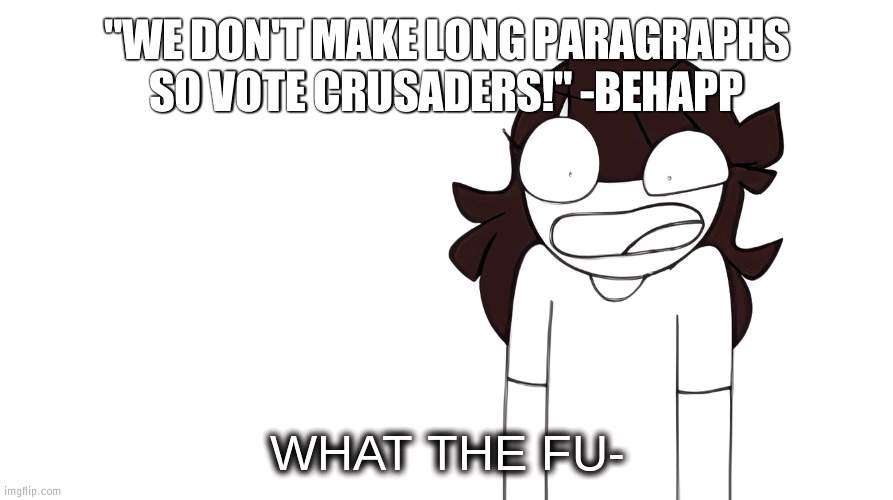 Seriously BeHapp | "WE DON'T MAKE LONG PARAGRAPHS SO VOTE CRUSADERS!" -BEHAPP | image tagged in jaiden animations what the fu- | made w/ Imgflip meme maker