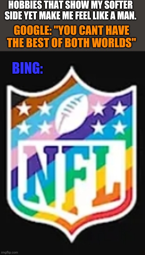 Gay nfl | HOBBIES THAT SHOW MY SOFTER SIDE YET MAKE ME FEEL LIKE A MAN. GOOGLE: "YOU CANT HAVE THE BEST OF BOTH WORLDS"; BING: | image tagged in gay nfl | made w/ Imgflip meme maker