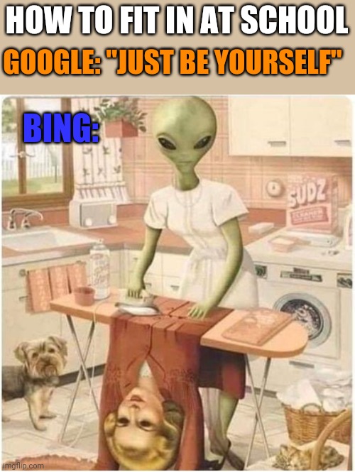 HOW TO FIT IN AT SCHOOL; GOOGLE: "JUST BE YOURSELF"; BING: | image tagged in funny memes | made w/ Imgflip meme maker