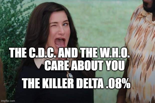 WandaVision Agnes wink | THE C.D.C. AND THE W.H.O.                 CARE ABOUT YOU; THE KILLER DELTA .08% | image tagged in wandavision agnes wink | made w/ Imgflip meme maker