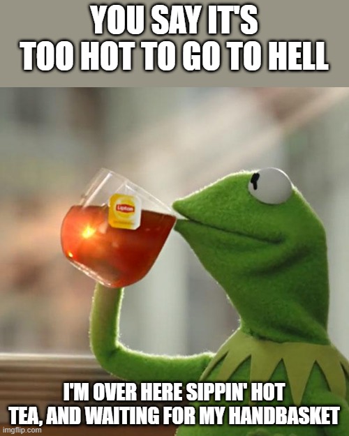 Too Hot | YOU SAY IT'S TOO HOT TO GO TO HELL; I'M OVER HERE SIPPIN' HOT TEA, AND WAITING FOR MY HANDBASKET | image tagged in memes,but that's none of my business,kermit the frog | made w/ Imgflip meme maker