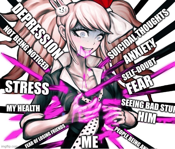 DEPRESSION; SUICIDAL THOUGHTS; NOT BEING NOTICED; ANXIETY; SELF-DOUBT; FEAR; STRESS; SEEING BAD STUFF; MY HEALTH; HIM; ME; FEAR OF LOSING FRIENDS; PEOPLE BEING ANNOYING | made w/ Imgflip meme maker