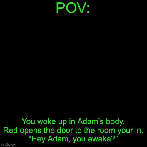 This will be f u n . | POV:; You woke up in Adam’s body.
Red opens the door to the room your in.
“Hey Adam, you awake?” | image tagged in plain black template | made w/ Imgflip meme maker