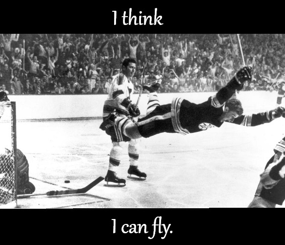 The Goal | I think; I can fly. | image tagged in bobby orr,hockey,boston bruins,the goal | made w/ Imgflip meme maker