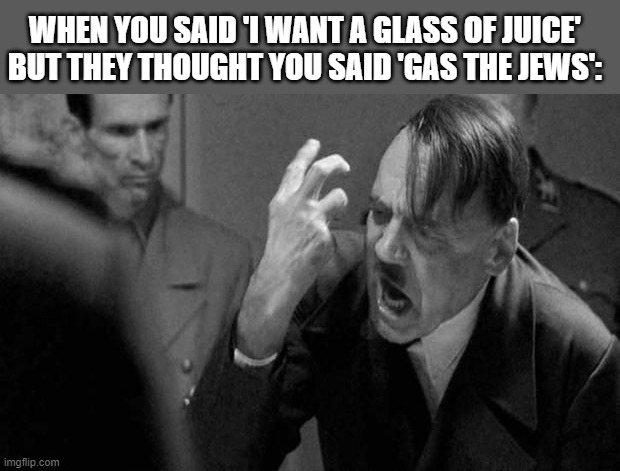 Glass of JUICE. |  WHEN YOU SAID 'I WANT A GLASS OF JUICE' BUT THEY THOUGHT YOU SAID 'GAS THE JEWS': | image tagged in angry hitler,memes,dark humor | made w/ Imgflip meme maker