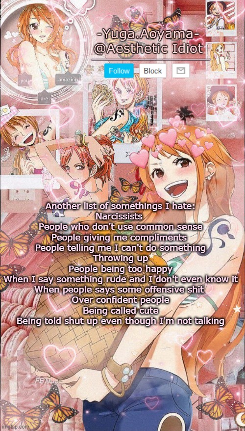 Nami temp 2 | Another list of somethings I hate:
Narcissists 
People who don't use common sense
People giving me compliments 
People telling me I can't do something
Throwing up
People being too happy
When I say something rude and I don't even know it
When people says some offensive shit 
Over confident people
Being called cute
Being told shut up even though I'm not talking | image tagged in nami temp 2 | made w/ Imgflip meme maker