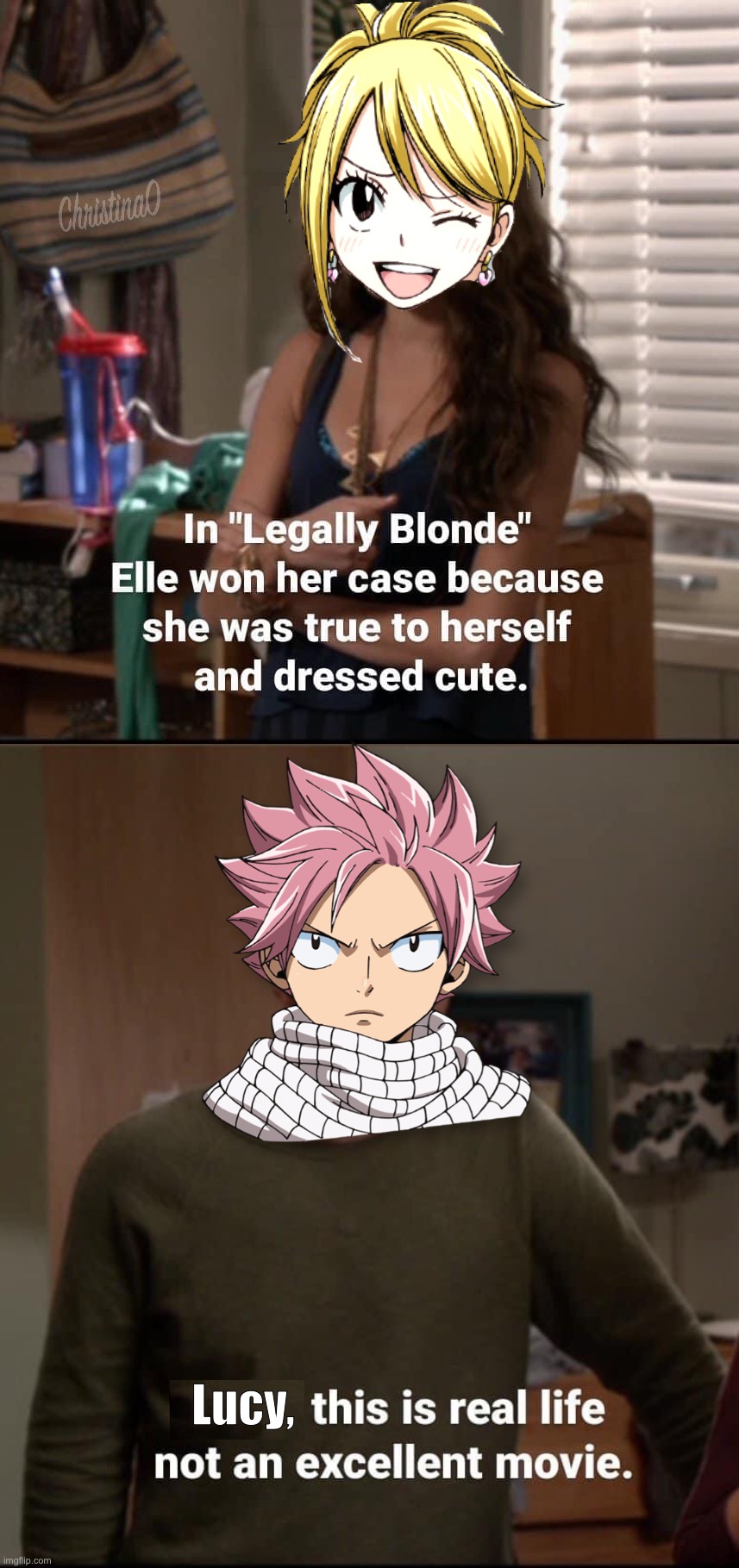 Modern Family, Legally Blonde and Fairy Tail Crossover Meme | Lucy, | image tagged in memes,modern family,fairy tail,fairy tail meme,lucy heartfilia,dumb blonde | made w/ Imgflip meme maker