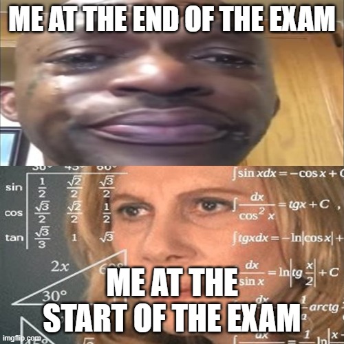 Lol | ME AT THE END OF THE EXAM; ME AT THE START OF THE EXAM | image tagged in calculating meme | made w/ Imgflip meme maker