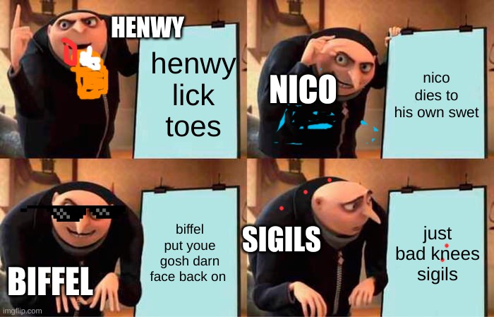 Gru's Plan Meme | HENWY; henwy lick toes; nico dies to his own swet; NICO; biffel put youe gosh darn face back on; just bad knees sigils; SIGILS; BIFFEL | image tagged in memes,gru's plan,theregulars | made w/ Imgflip meme maker