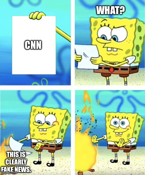 Spongebob Burning Paper | WHAT? CNN; THIS IS CLEARLY FAKE NEWS. | image tagged in spongebob burning paper | made w/ Imgflip meme maker