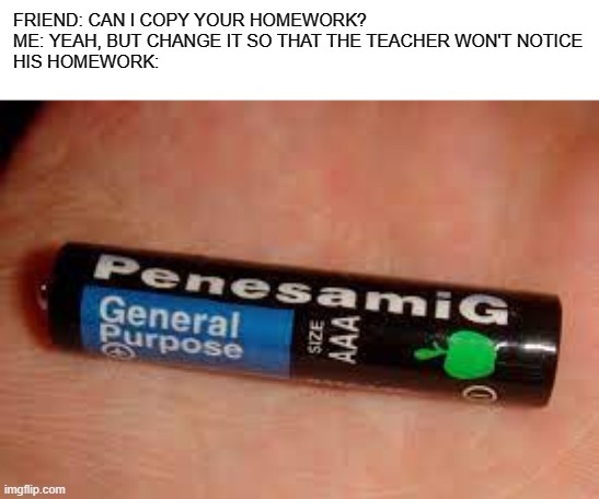 P E N E S A M I G | FRIEND: CAN I COPY YOUR HOMEWORK?
ME: YEAH, BUT CHANGE IT SO THAT THE TEACHER WON'T NOTICE
HIS HOMEWORK: | image tagged in fun | made w/ Imgflip meme maker